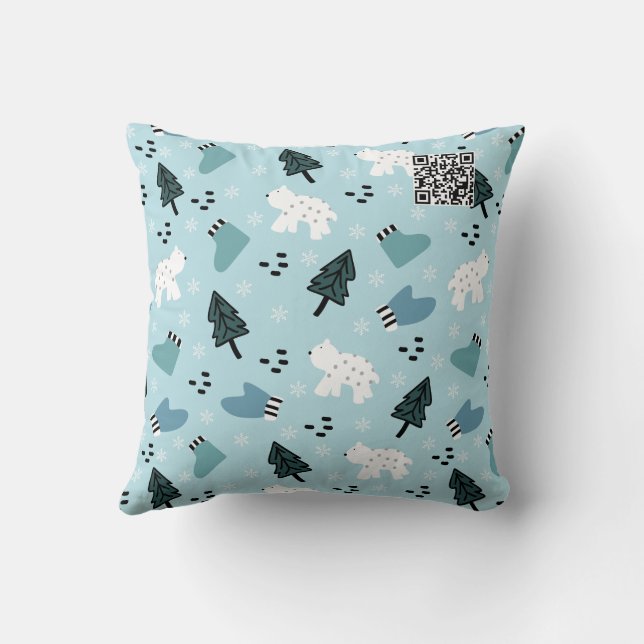 Aqua Christmas Trees, Boats, Bears  Throw Pillow (Back)