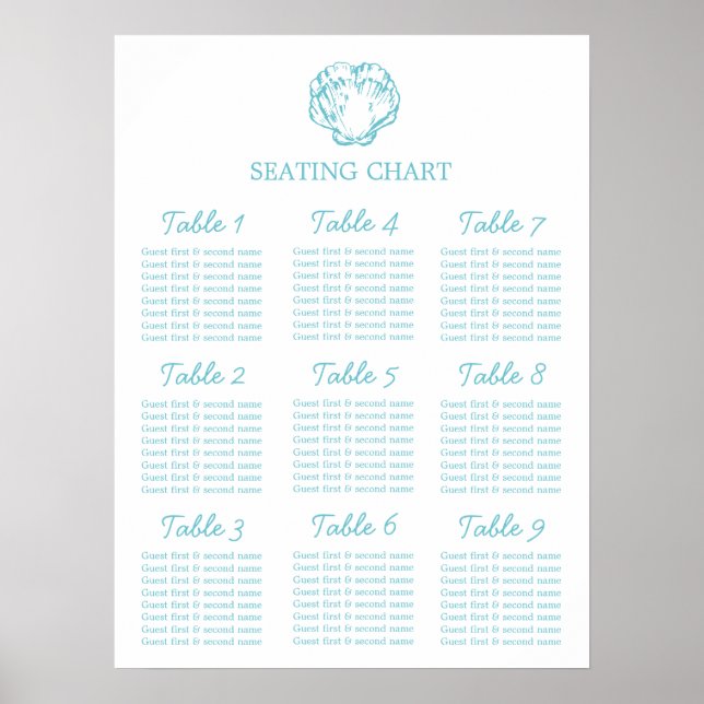 Aqua clam shell Wedding Seating Table Planner 1-9 Poster (Front)