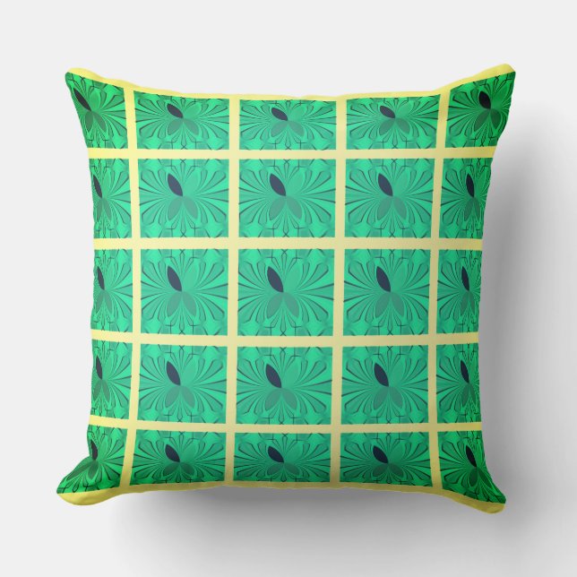 Aqua Clamp Design and Butter Yellow Grid Throw Pillow (Front)