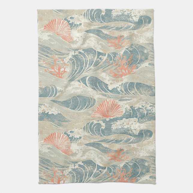 Aqua Coastal Seashell Starfish Wave Pattern Kitchen Towel (Vertical)