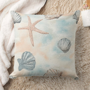 Aqua Coastal Seashells & Sparkle Starfish (1) Throw Pillow