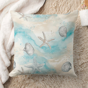 Aqua Coastal Seashells & Sparkle Starfish (2) Throw Pillow