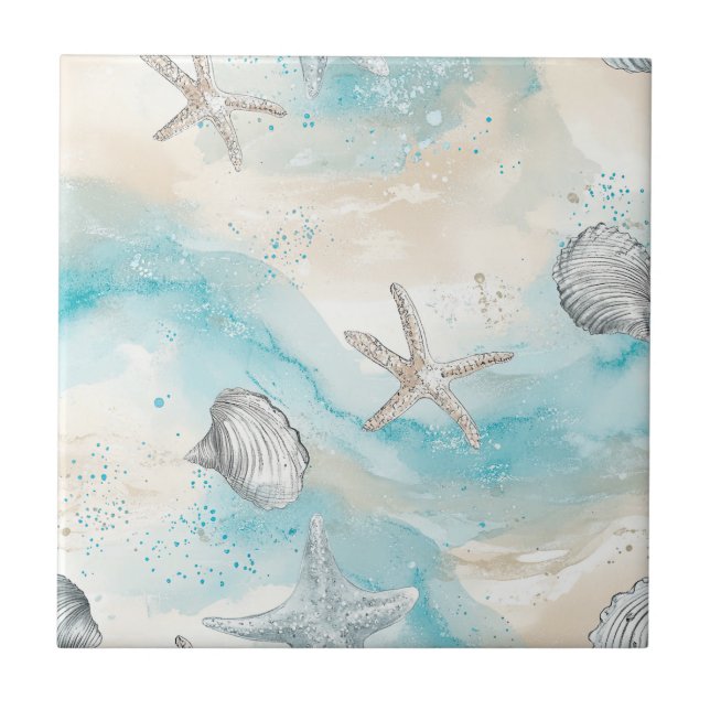 Aqua Coastal Seashells & Sparkle Starfish (2) Tile (Front)
