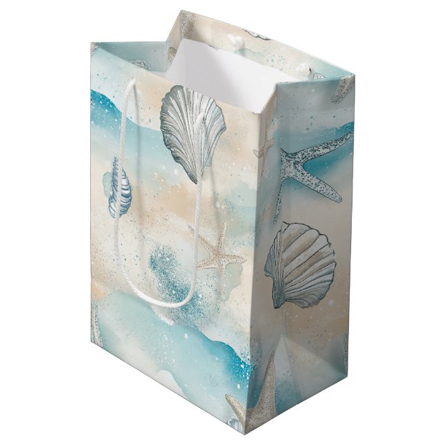 Aqua Coastal Seashells & Sparkle Starfish (3) Medium Gift Bag (Front Angled)