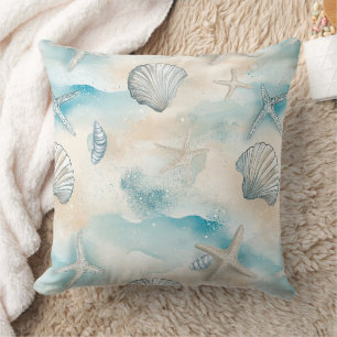 Aqua Coastal Seashells & Sparkle Starfish (3) Throw Pillow