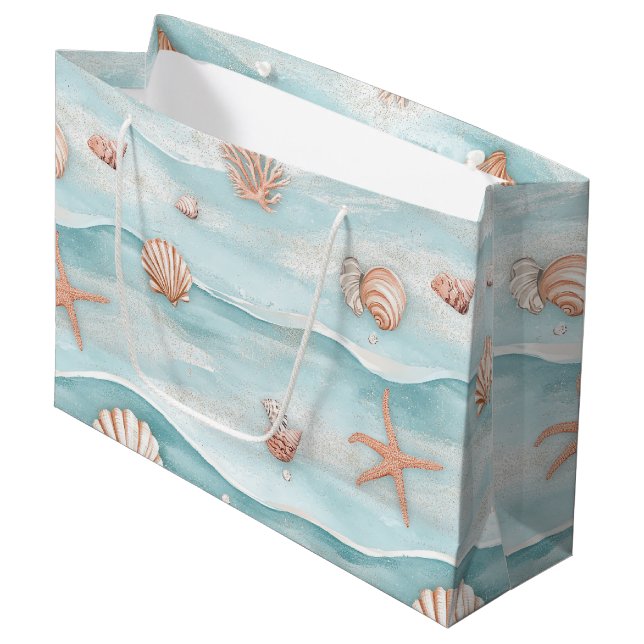 Aqua Coastal Seashells & Sparkle Starfish (4) Large Gift Bag (Front Angled)