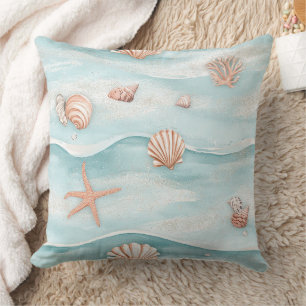 Aqua Coastal Seashells & Sparkle Starfish (4) Throw Pillow