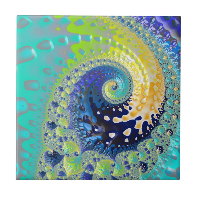 Aqua Cobalt and Yellow Spiral Fractal Abstract Tile (Front)