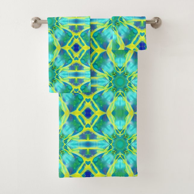 Aqua, Cobalt Blue and Yellow Tie Dye Pattern Bath Towel Set (Insitu)