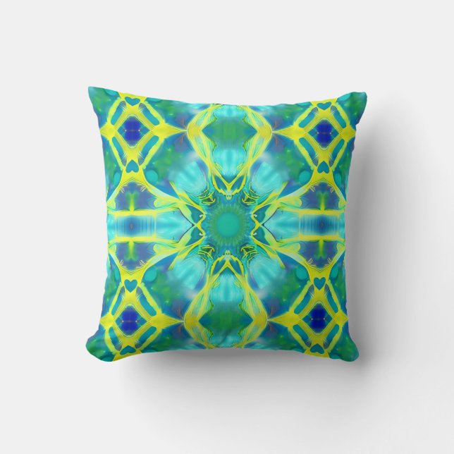 Aqua, Cobalt Blue and Yellow Tie Dye Pattern Throw Pillow (Front)