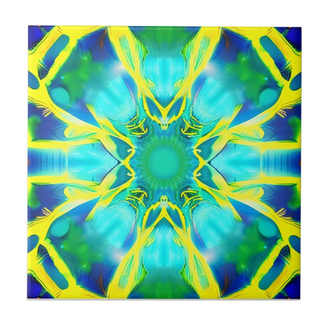 Aqua, Cobalt Blue and Yellow Tie Dye Pattern Tile (Front)
