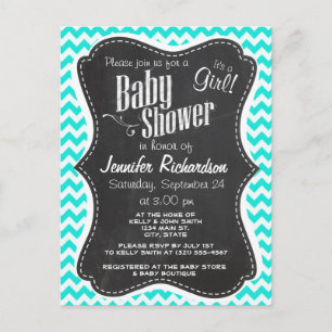 Aqua Colour Chevron; Vintage Chalkboard look Invitation Postcard