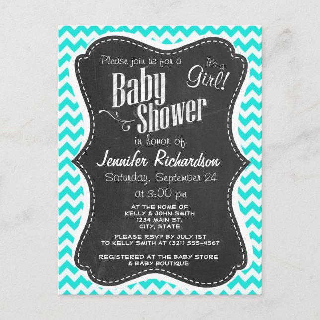 Aqua Colour Chevron; Vintage Chalkboard look Invitation Postcard (Front)