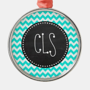 Aqua Colour Chevron; Vintage Chalkboard look Metal Ornament
