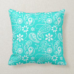 Aqua Colour Paisley; Floral Throw Pillow