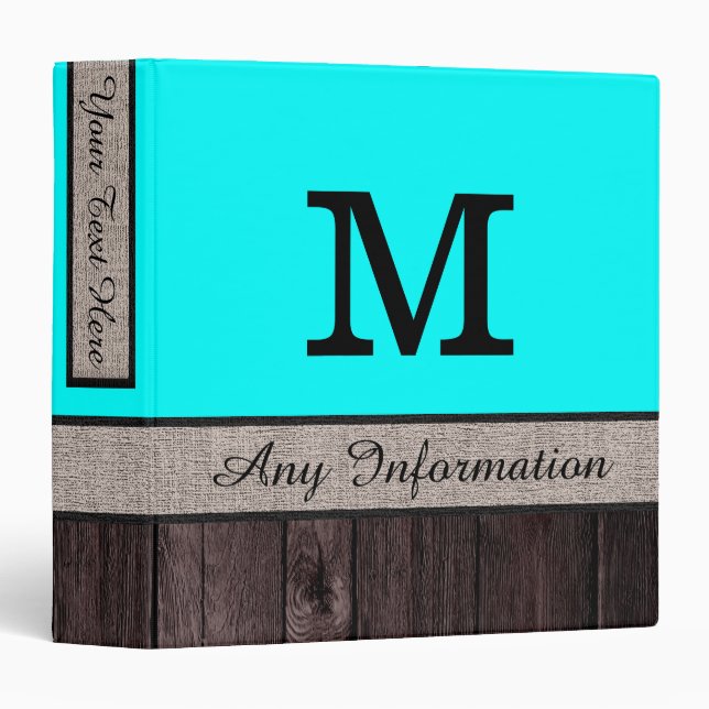 Aqua Colour Rustic Look Wood Monogram Binder (Front/Spine)