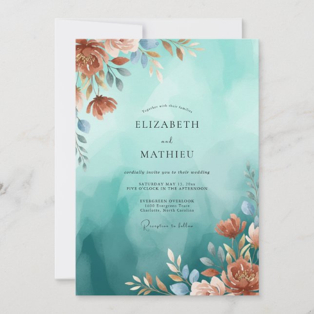 Aqua Copper Blossom Wedding Invitation (Front)