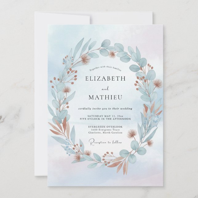 Aqua Copper Wreath Wedding Invitation (Front)