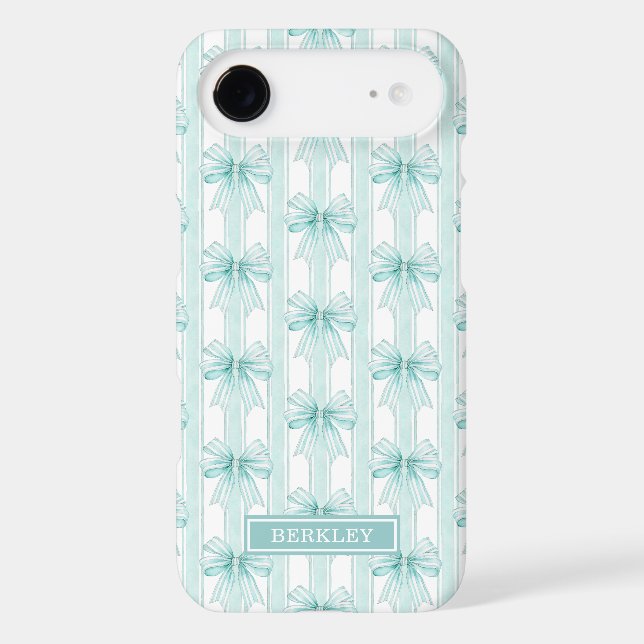 Aqua Coquette Bows on Stripes Monogrammed Case-Mat (Back)