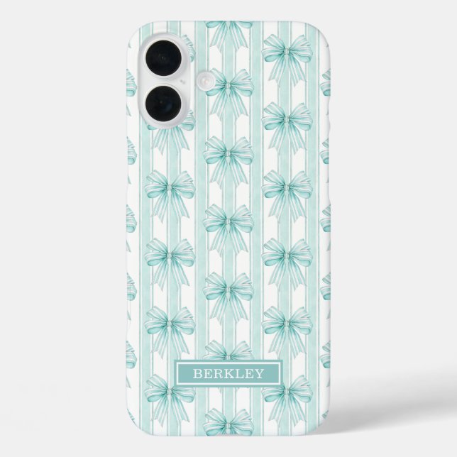 Aqua Coquette Bows on Stripes Monogrammed Case-Mat Case-Mate iPhone Case (Back)
