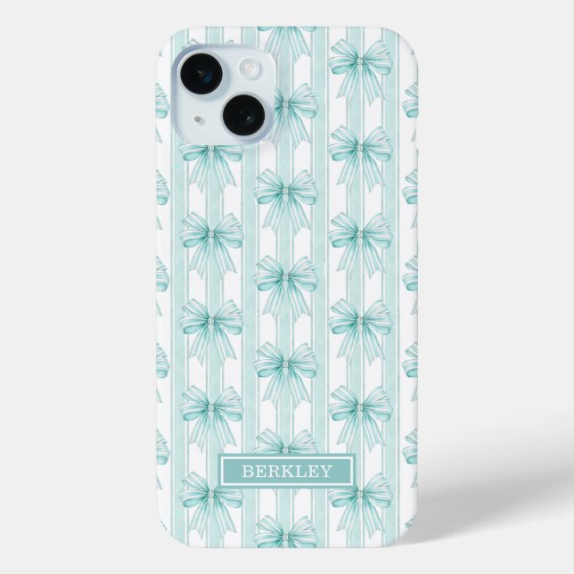 Aqua Coquette Bows on Stripes Monogrammed Case-Mate iPhone Case (Back)