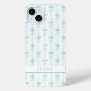 Aqua Coquette Bows Striped Monogrammed iPhone 15 Mini Case