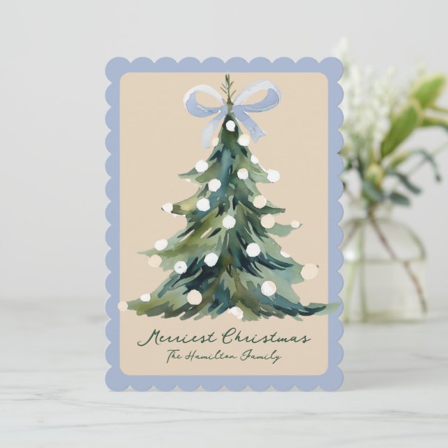 Aqua Coquette Ornate Rococo Bow Christmas tree Holiday Card (Standing Front)