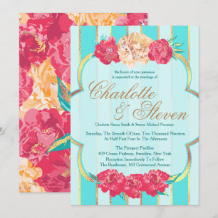 Aqua, Corail et Or, Floral, Invitations de mariage