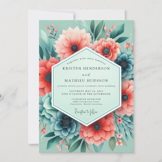 Aqua Coral Artistic Bloom Wedding Invitation (Front)