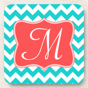 Aqua Coral Chevron Monogram Dessous de verre de bo