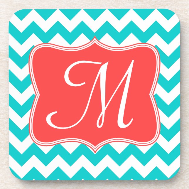 Aqua Coral Chevron Monogram Dessous de verre de bo (Devant)
