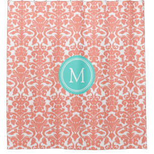 Aqua Coral Damask Monogram Shower Curtain