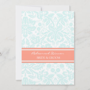 Aqua Coral Damask Rehearsal Dinner Party Invitation