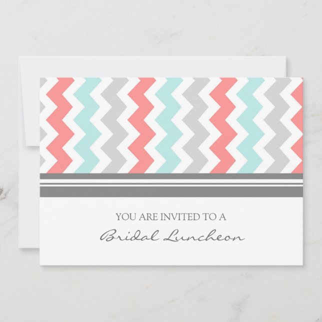 Aqua Coral Grey Chevron Bridal Lunch Invitation (Front)