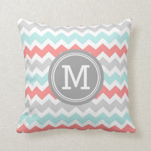 Aqua Coral Grey Chevron Monogram Decorative Pillow