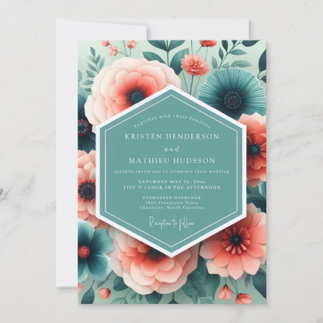 Aqua Coral Painted Bloom Wedding Invitation (Front)