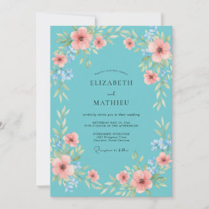 Aqua Coral Wildflower Wedding Invitation
