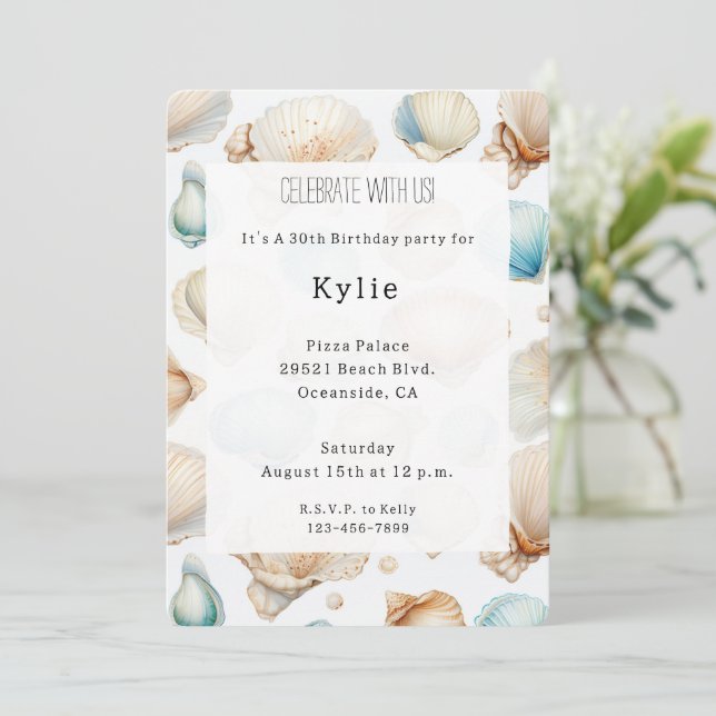 Aqua Cream Beach Shells Birthday   Invitation (Standing Front)