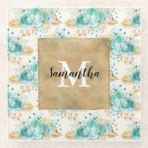 Aqua Cream Gold Floral Black Monogram         Glass Coaster