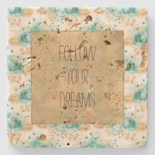 Aqua Cream Gold Floral  Stone Coaster