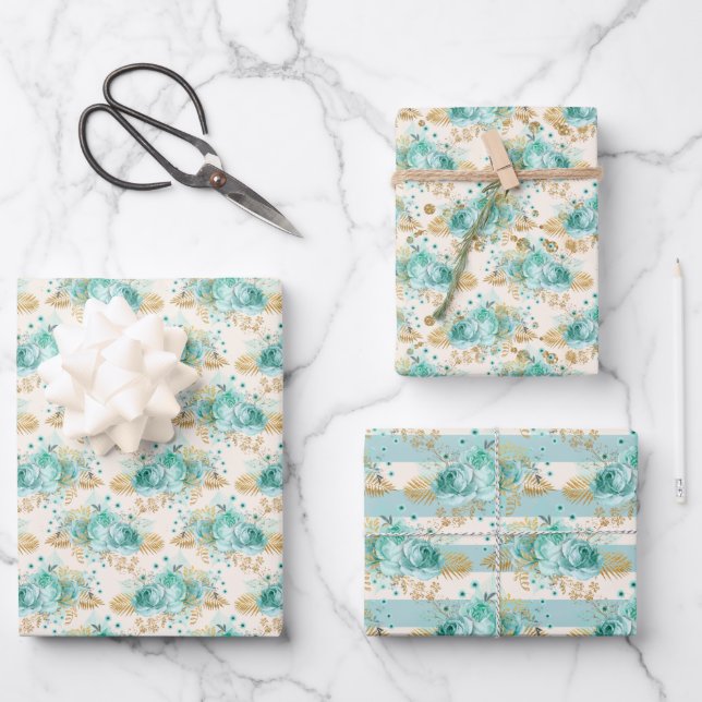 Aqua Cream Gold Floral        Wrapping Paper Sheet (Front)