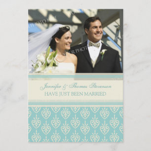Aqua Cream Photo Just Married Announcement Cards