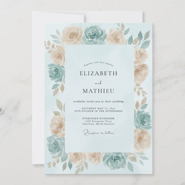 Aqua Cream Rose Wedding Invitation (Front)