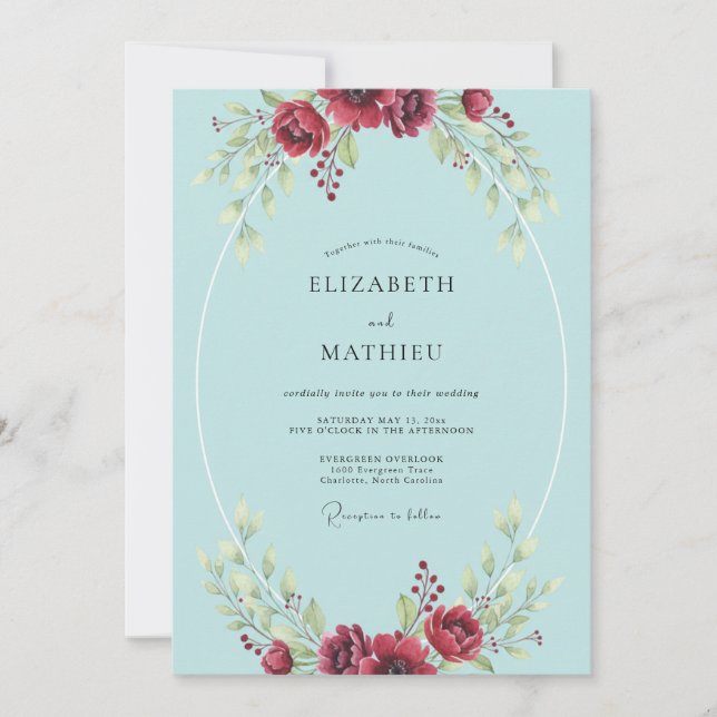 Aqua Crimson Blossom Wedding Invitation (Front)