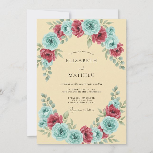 Aqua Crimson Petal Wedding Invitation (Front)