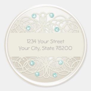 Aqua Crystal and Pearl Damask Return Address Classic Round Sticker
