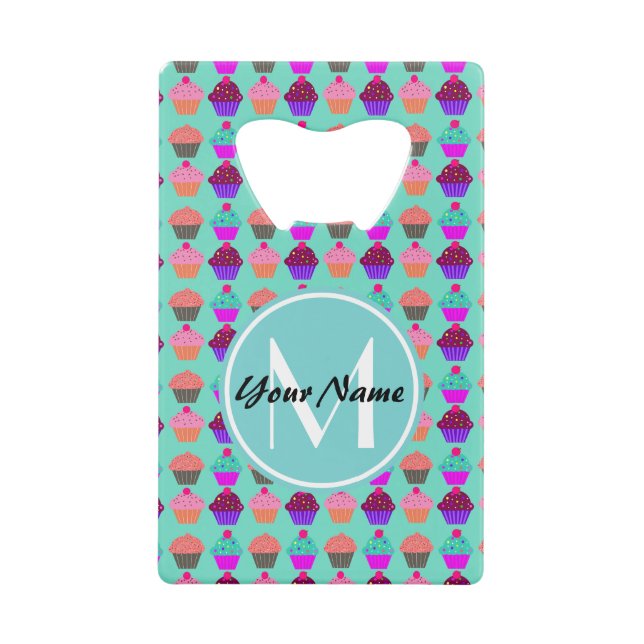 Aqua Cupcake Personalized Monogram Credit Card Bottle Opener (Front)