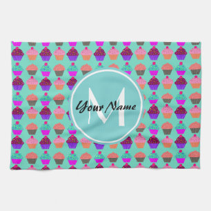Aqua Cupcake Personalized Monogram Kitchen Towel