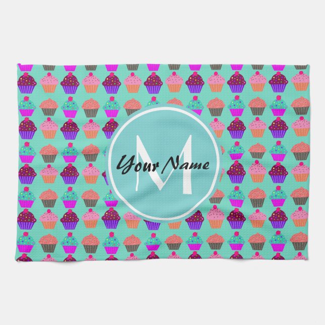Aqua Cupcake Personalized Monogram Kitchen Towel (Horizontal)