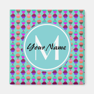 Aqua Cupcake Personalized Monogram Magnet